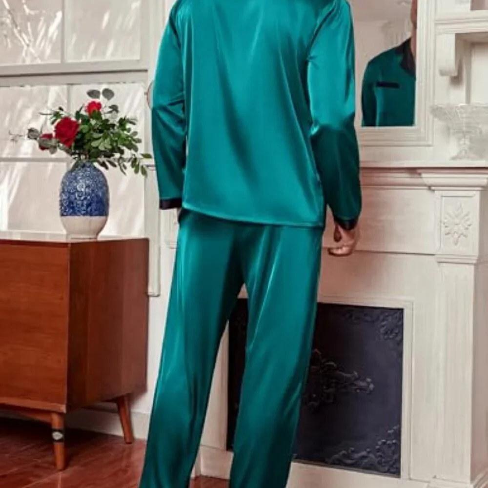 Men's Silk Pajama Set Classic Button Down Sleepwear Satin Loungewear
